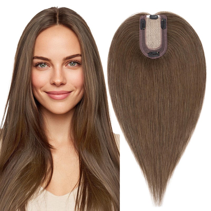 MYLADY Human Hair Toppers for Women Real Human Hair Thin 7  13CM Silk Base with Lace Clip in Remy Hairpieces 150 Density 16 Inch Medium Brown